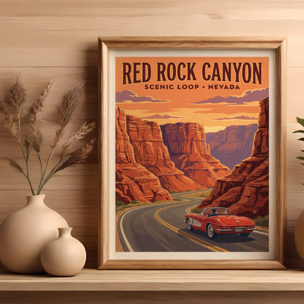 Red Rock Canyon Scenic Loop Nevada vintage poster with red convertible car