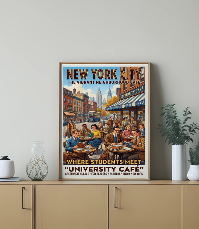 New York City University Café poster featuring students at cafes and city landmarks.