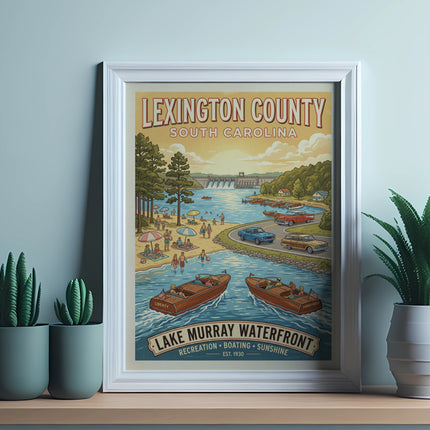 Lexington County South Carolina Lake Murray Waterfront poster with dam and boats.