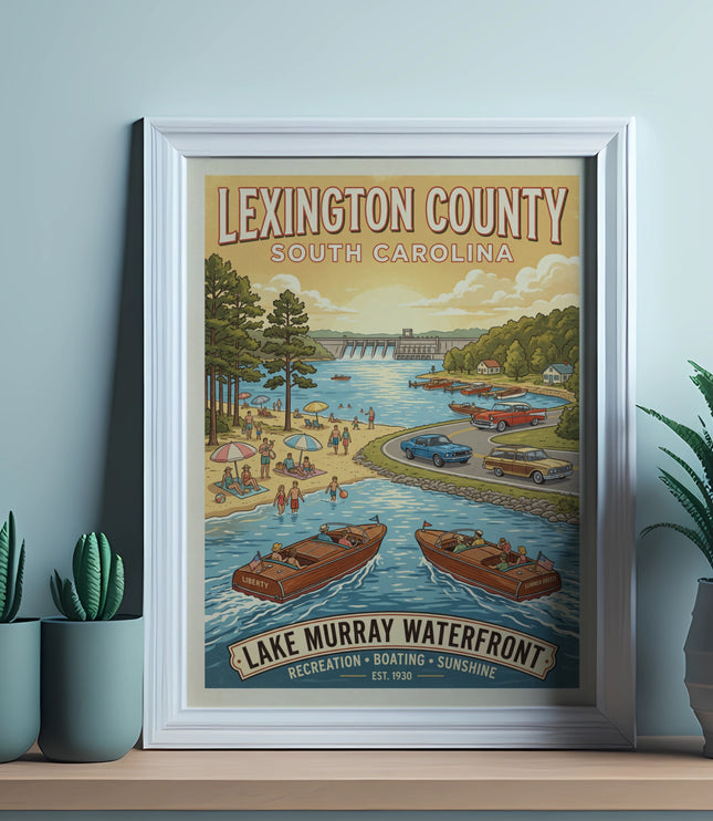 Lexington County South Carolina Lake Murray Waterfront poster with dam and boats.