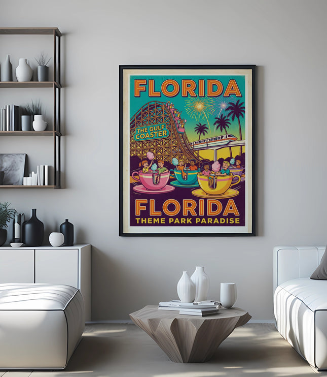 Retro Florida theme park poster featuring a roller coaster, teacup ride, and fireworks.