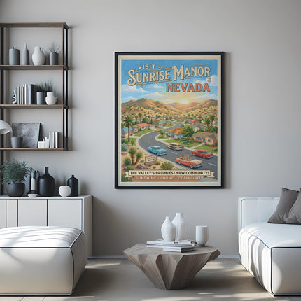 "Visit Sunrise Manor Nevada" retro travel poster hung in a modern living room.