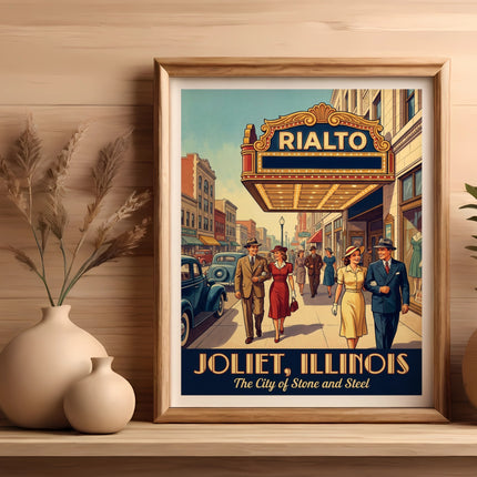 Art print of Rialto Theater in Joliet, Illinois, with people walking on sidewalk.