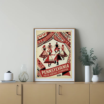 Pennsylvania Polish Heritage Celebration 1930s folk art poster with dancers.