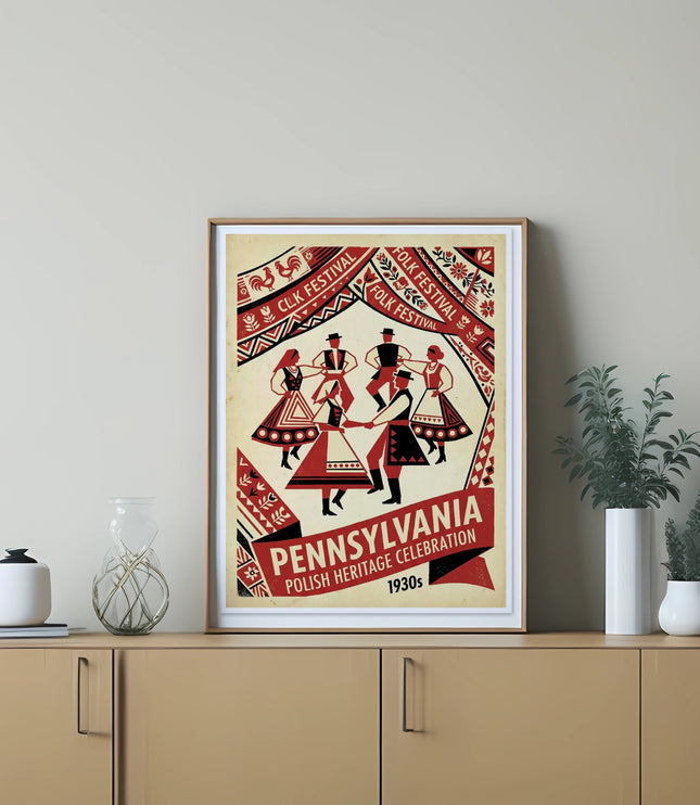 Pennsylvania Polish Heritage Celebration 1930s folk art poster with dancers.