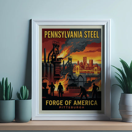 Vintage "Pennsylvania Steel Forge of America Pittsburgh" industrial art print in a white frame.