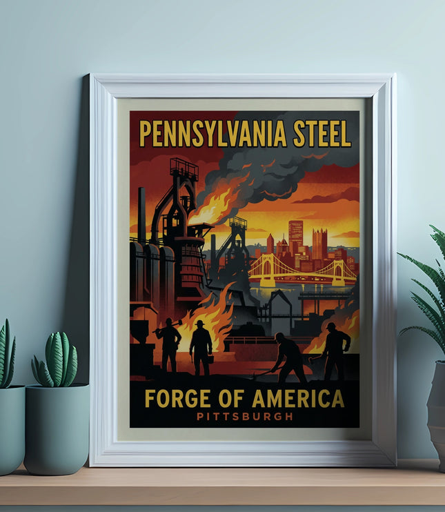 Vintage "Pennsylvania Steel Forge of America Pittsburgh" industrial art print in a white frame.