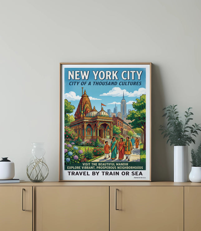 New York City poster with mandir, Empire State Building, and people.