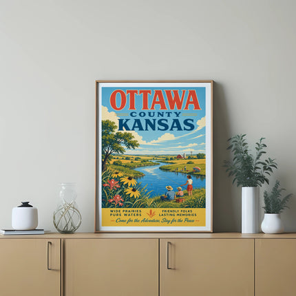 Ottawa County, Kansas vintage travel poster featuring a river scene and text.