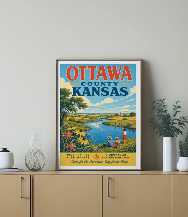 Ottawa County, Kansas vintage travel poster featuring a river scene and text.