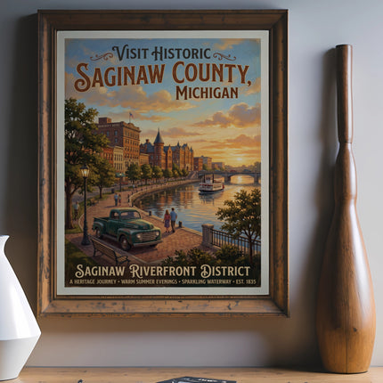Vintage travel poster for Saginaw County, Michigan, showing riverfront district and buildings.