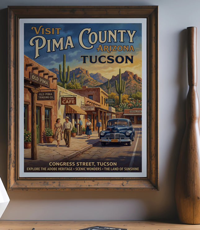 Vintage travel poster for Pima County, Arizona depicting Congress Street, Tucson.