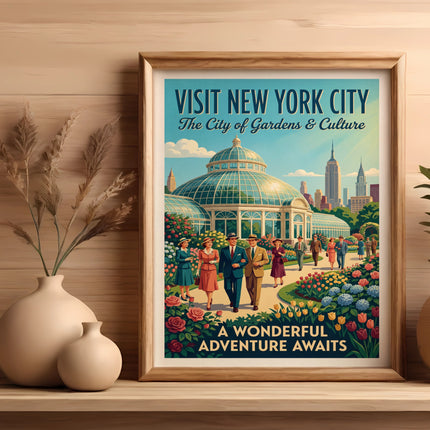 New York City travel poster with illustration of conservancy and text.