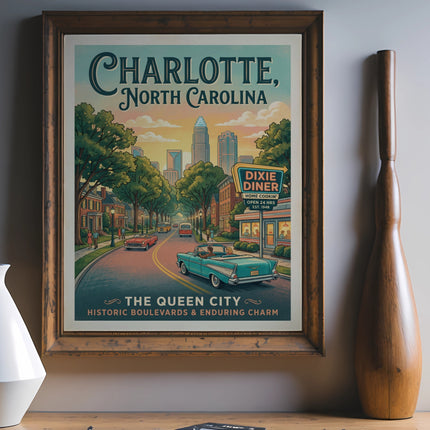 Vintage poster for Charlotte, North Carolina, featuring cityscape and Dixie Diner.