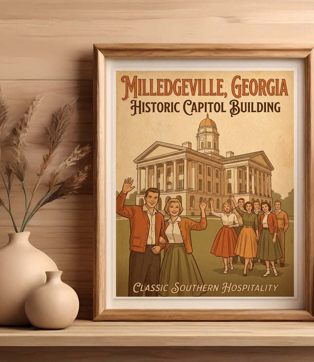 Milledgville, Georgia Historic Capitol Building poster with people and classic Southern hospitality.