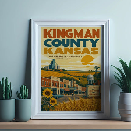 Kingman County Kansas poster with vintage storefronts, sunflowers, and a windmill.