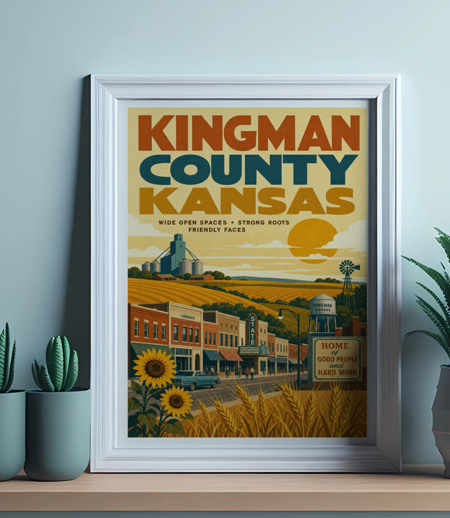 Kingman County Kansas poster with vintage storefronts, sunflowers, and a windmill.