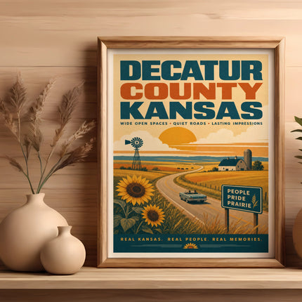 Decatur County Kansas vintage travel poster with sun, road, and barn.