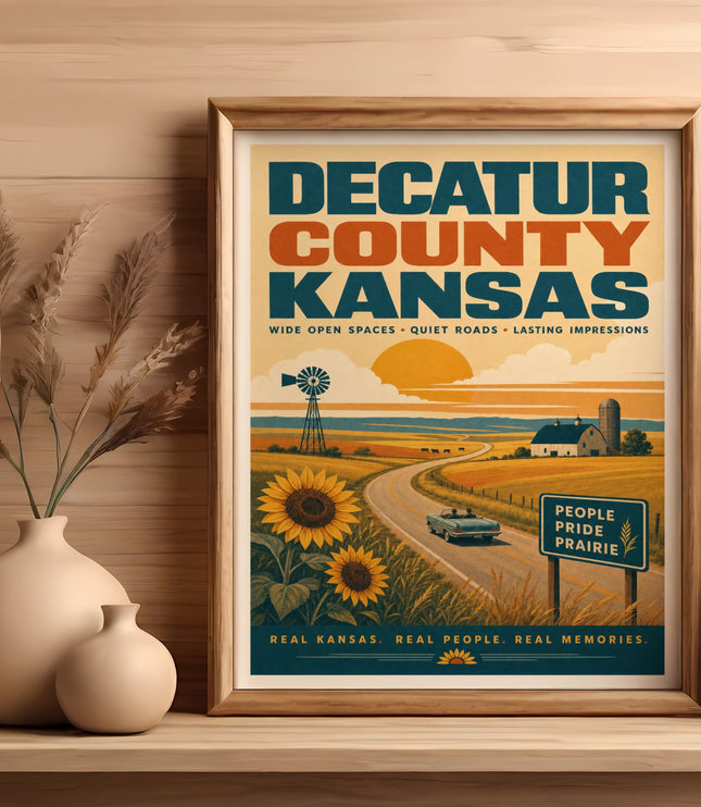 Decatur County Kansas vintage travel poster with sun, road, and barn.