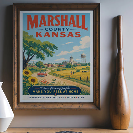 Marshall County Kansas vintage travel poster with sunflowers and town scene.