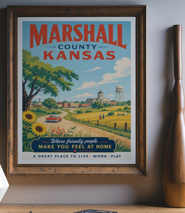 Marshall County Kansas vintage travel poster with sunflowers and town scene.