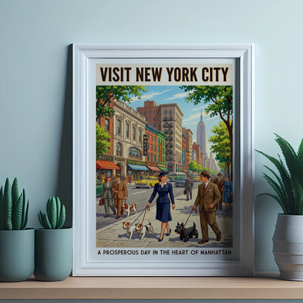 Vintage New York City poster with people walking dogs on a street.