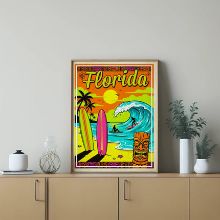 Florida surf scene with a tiki mask and palm trees, framed artwork.