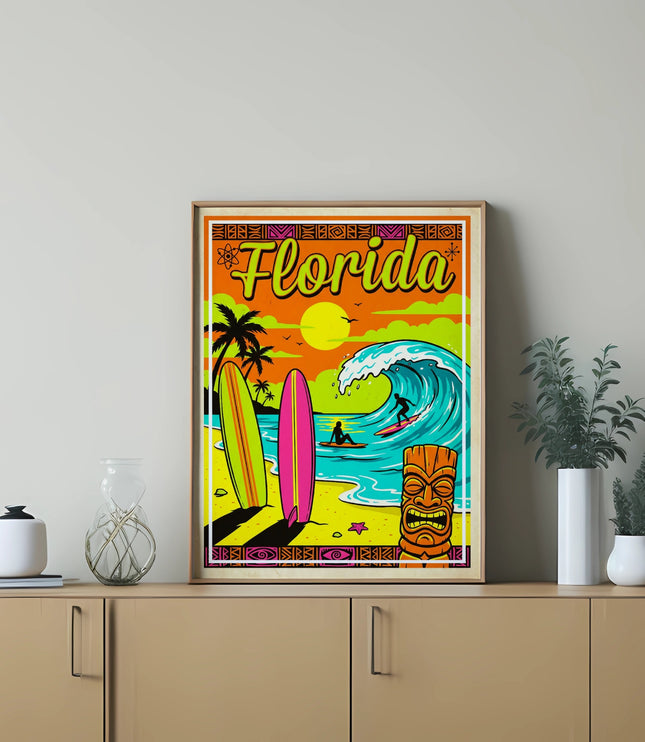 Florida surf scene with a tiki mask and palm trees, framed artwork.