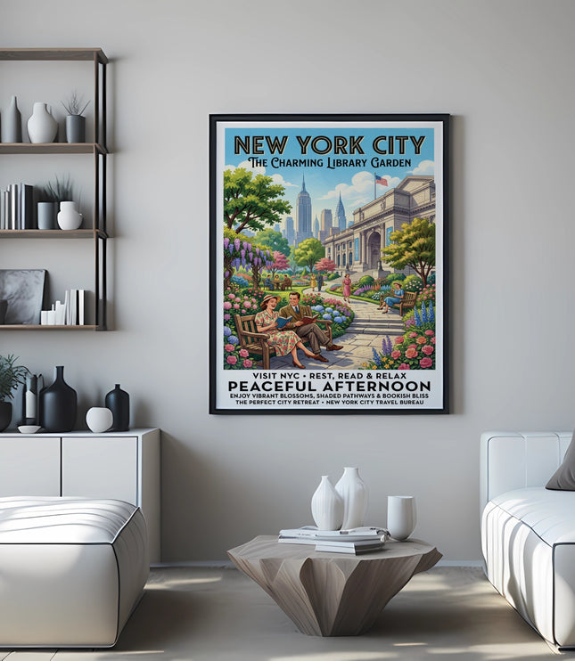 New York City vintage travel poster of a garden with Empire State Building behind the library.