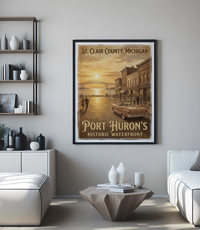 Vintage Port Huron, Michigan travel poster with sunset, bridge, and convertible.