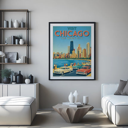 Vintage "Visit Chicago The Windy City" poster with cars and city skyline.