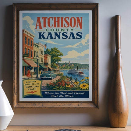 Vintage Atchison County, Kansas travel poster with a street scene and river.