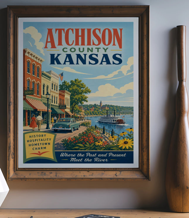 Vintage Atchison County, Kansas travel poster with a street scene and river.