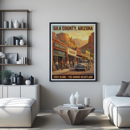 Poster of Gila County, Arizona with a vintage street scene and text.