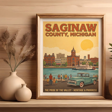 Saginaw County, Michigan poster with a steamboat, vintage truck, and people by the water.
