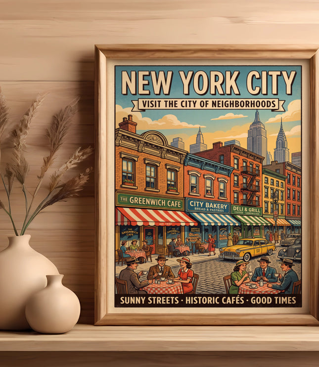 New York City travel poster with vintage street scene, cafes, and skyscrapers.
