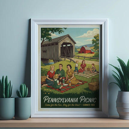Pennsylvania Picnic Summer 1955 poster showing a family enjoying a picnic near a covered bridge.