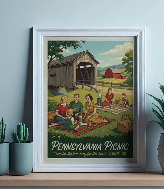 Pennsylvania Picnic Summer 1955 poster showing a family enjoying a picnic near a covered bridge.