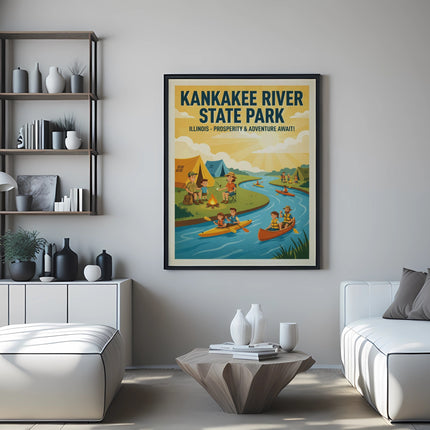 Kankakee River State Park Illinois poster showing people kayaking and camping.