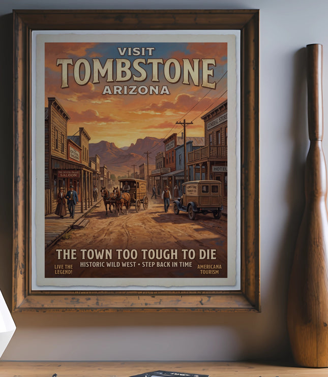 Visit Tombstone Arizona poster shows historic town with horse-drawn carriage and vintage car.