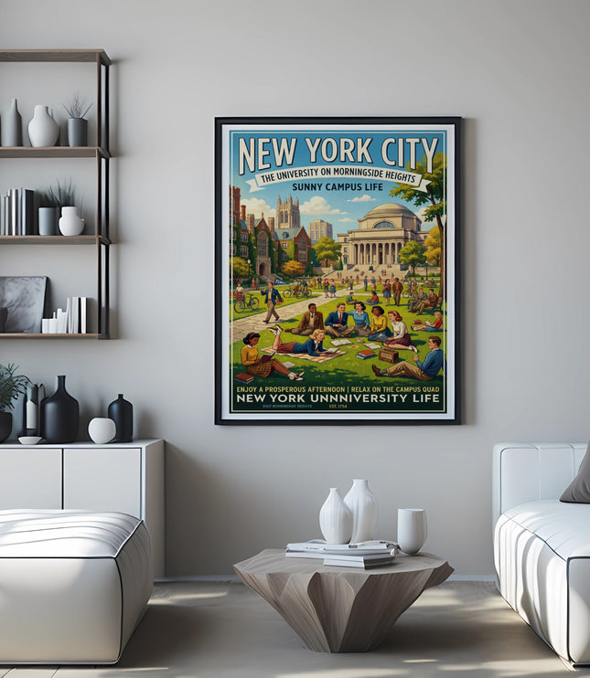 Framed poster of New York University campus on a sunny day with students.