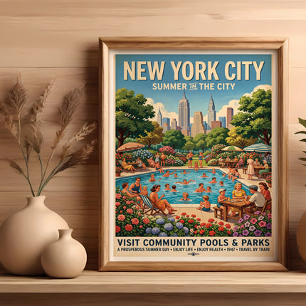 New York City vintage travel poster: Summer in the city, pools and parks, 1947.