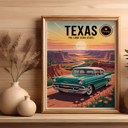 Vintage teal car poster with "Texas" and "The Lone Star State" text.