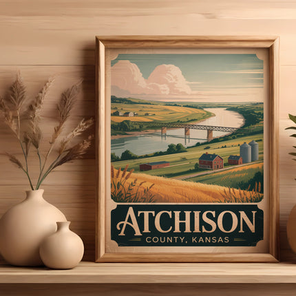 Framed artwork of Atchison County, Kansas, with a river, bridge, and rural landscape.