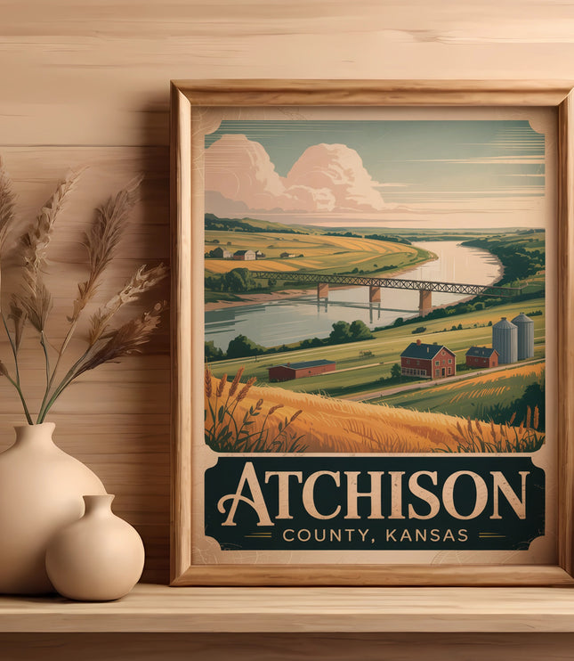 Framed artwork of Atchison County, Kansas, with a river, bridge, and rural landscape.