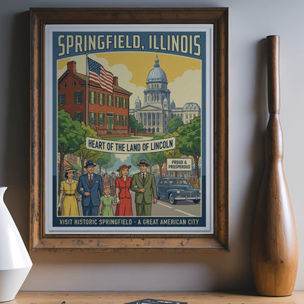 Springfield, Illinois poster with Lincoln quotes and historic city landmarks.