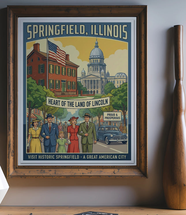 Springfield, Illinois poster with Lincoln quotes and historic city landmarks.