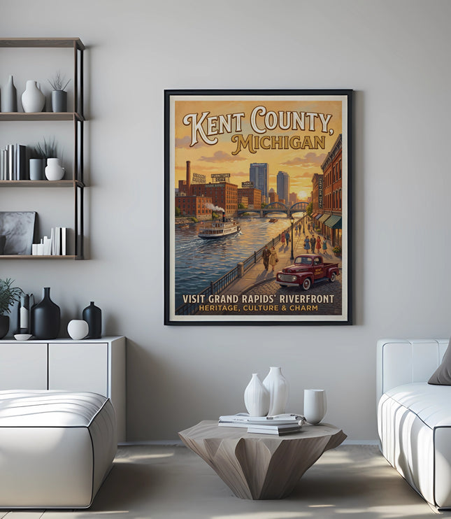 Poster with Kent County, Michigan art depicting Grand Rapids riverfront and text.