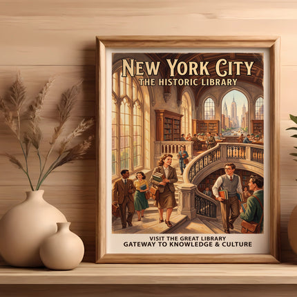 New York City historic library poster featuring people on stairs.