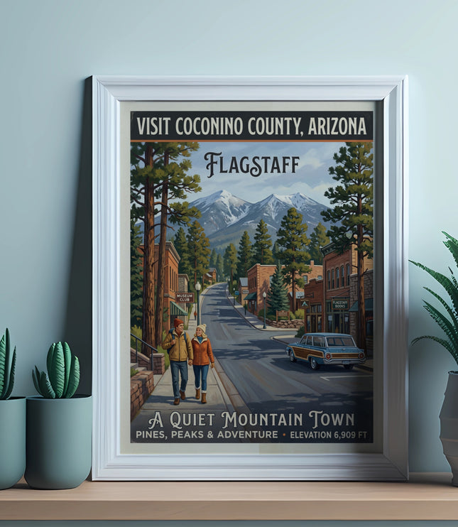Vintage poster of Flagstaff, Arizona, a quiet mountain town.